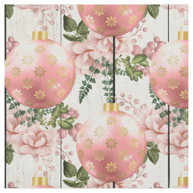 Tecido Ornamentos e flores de árvores de Natal rosa na ma (Detalhe)