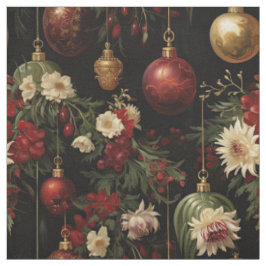 Tecido Ornamentos Florais de Natal em Preto