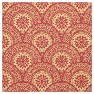 Tecido Ouro mandala ondas em fundo vermelho