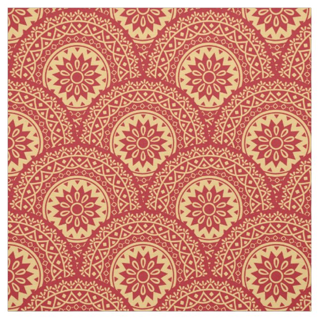 Tecido Ouro mandala ondas em fundo vermelho (Modelo)