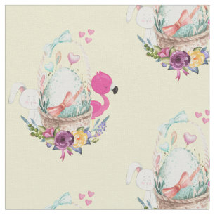 Tecido Ovo Bonito, Flamingo Rosa E Coelhinho, Aquarela