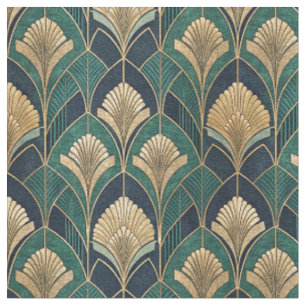 Tecido Padrão Abstrato Geométrico Art Déco Dourado e Azul