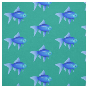 Tecido Padrão Azul de Peixes Tropicais em Aqua