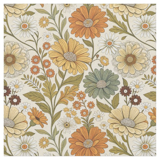 Tecido Padrão Boho de Flores de Margarida Amarela Laranja (Detalhe)