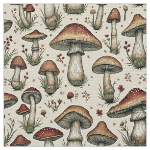 Tecido Padrão Botânico de Cogumelos em Castanho e bege