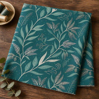 Tecido Padrão Botânico de Folhas Terrosas em Verde-Teal P