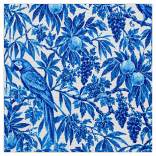 Tecido Padrão Botânico de Papagaio Tropical Azul