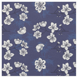 Tecido Padrão Botânico Floral Azul Hamptons Padrão