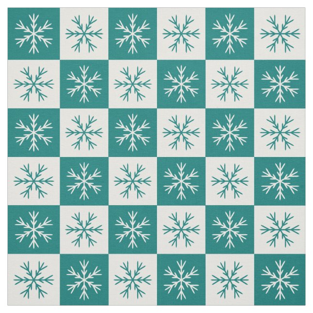 Tecido Padrão Checkered Snowflake Branco Teal (Modelo)