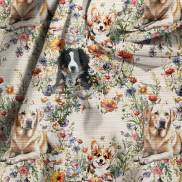 Tecido Padrão contínuo de cachorros e flores silvestres