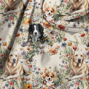 Tecido Padrão contínuo de cachorros e flores silvestres