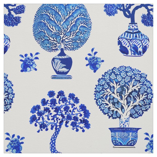 Tecido Padrão das árvores Bonsai em azul-cobalto e branco (Modelo)
