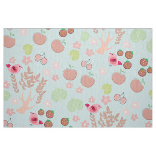 Tecido padrão das aves, flores e árvores