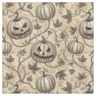 Tecido Padrão de Abóbora de Halloween Vintage com Videira