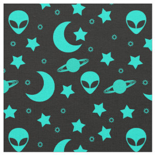 Tecido Padrão de Alienígena Turquesa com Estrelas e Luas
