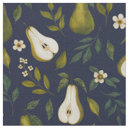 Tecido Padrão de Aquarela de Pera Verde em Azul Escuro