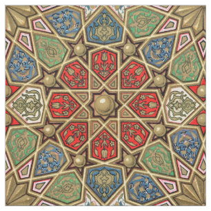 Tecido Padrão de Arte Árabe Dourada Azul Vermelho