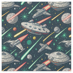 Tecido Padrão de Batalha Espacial de Naves Espaciais Retr