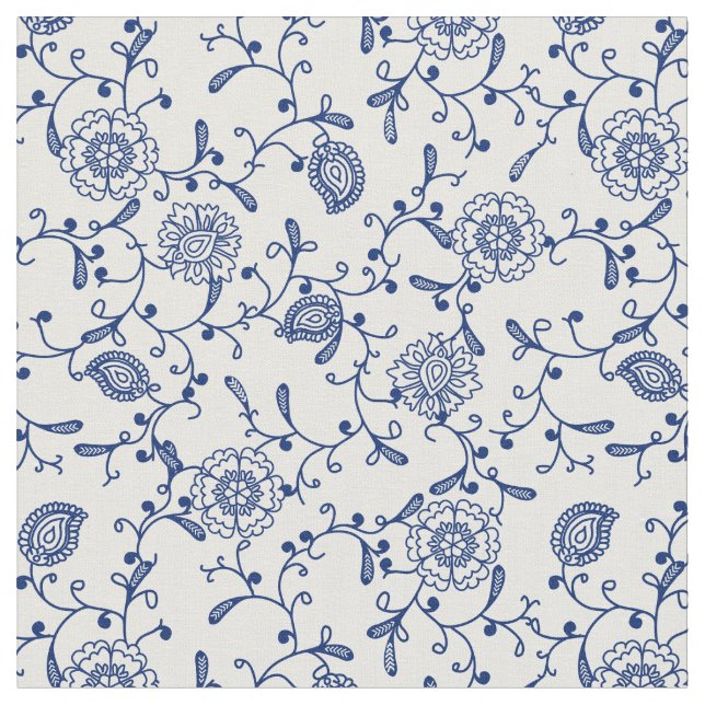 Tecido Padrão de Boho Floral Branco Azul-Estético Hampton (Detalhe)