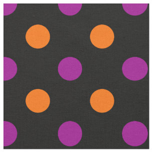 Tecido Padrão de bolinhas laranja e roxo em fundo preto