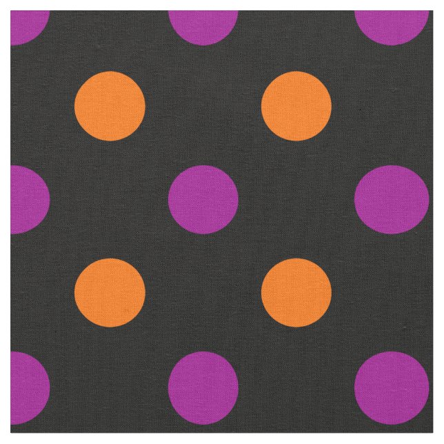 Tecido Padrão de bolinhas laranja e roxo em fundo preto (Detalhe)