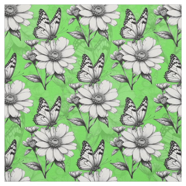 Tecido Padrão de Borboleta em Flor Design Verde  (Modelo)