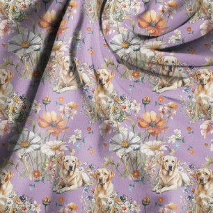 Tecido Padrão de Cães Lab Amarelos e Flores Silvestres