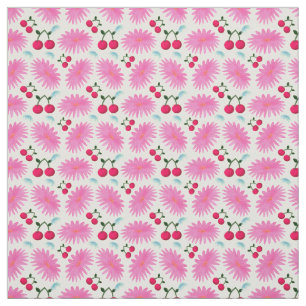Tecido Padrão de Cereja Floral Rosa Brilhante   Fofo Kawa