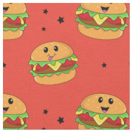 Tecido Padrão de Cheeseburger de Kawaii Cute em Vermelho