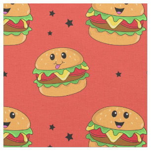 Tecido Padrão de Cheeseburger de Kawaii Cute em Vermelho