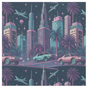 Tecido Padrão de Cidade Cibernética Neon Synthwave Futuri