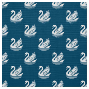 Tecido Padrão de Cisne - Branco no Azul Oceânico
