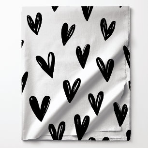 Tecido Padrão de Corações Doodle Preto e Branco Fofo