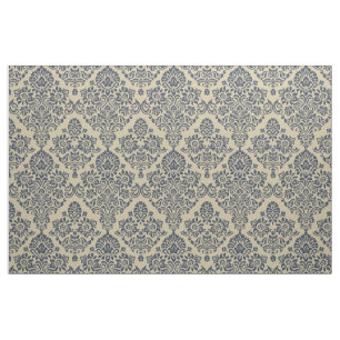 Tecido Padrão de Damasco Azul e Creme Elegante