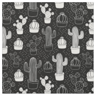 Tecido Padrão de Doodle do Cactus Preto e Branco