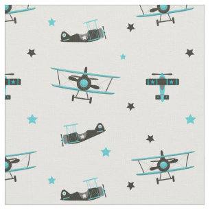 Tecido Padrão de Estrelas de Avião Retro Voador de Teal