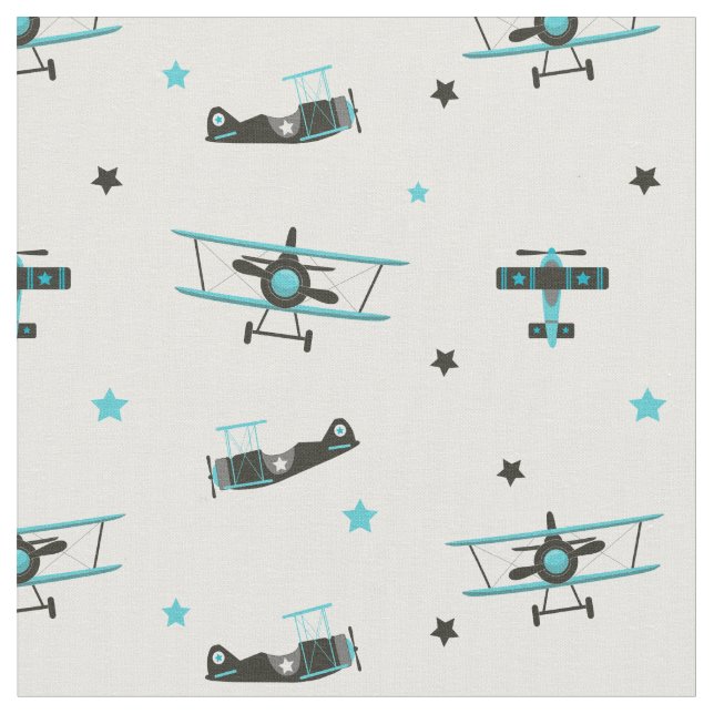Tecido Padrão de Estrelas de Avião Retro Voador de Teal (Detalhe)