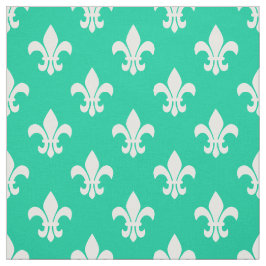 Tecido Padrão de Fleur De Lis, Branco e Verde Caribe