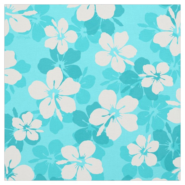 Tecido Padrão de Flor de Hibisco Branco Tropical Azul (Modelo)