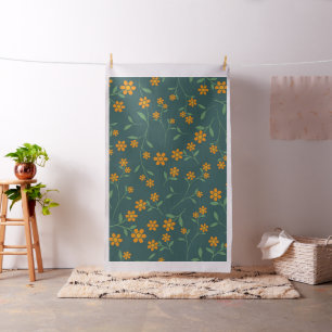 Tecido Padrão de Flor Laranja Retro com Azul Teal Escuro