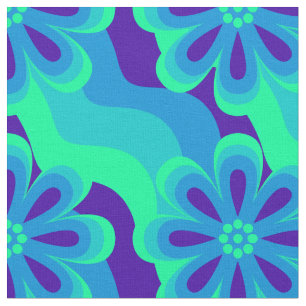 tecido Padrão de Flores e Ondas de Estilo 1960s 1