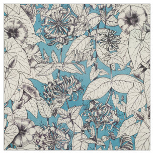 Tecido Padrão de Flores Gráficas Branco Azul