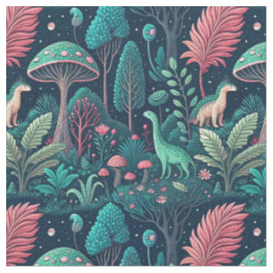 Tecido Padrão de Floresta de Cogumelo Neon de Dinossauro