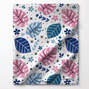 Tecido Padrão de Folha Tropical Monstera Rosa e Azul