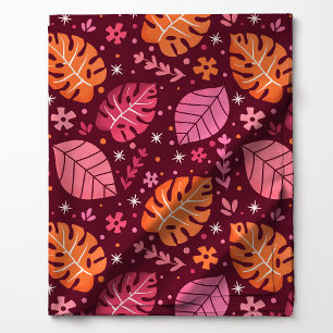 Tecido Padrão de Folha Tropical Monstera Rosa e Laranja
