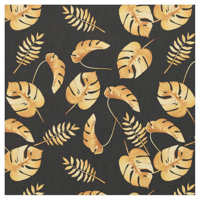 Tecido Padrão de Folhas Tropicais Douradas (Detalhe)