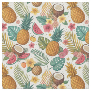 Tecido Padrão de Frutas e Flores Tropicais de Verão Exóti