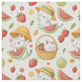 Tecido Padrão de Gato de Frutas de Verão - Design de Piqu