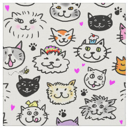 Tecido Padrão de Gato Whimsical Faces