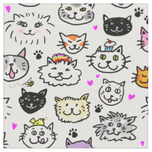Tecido Padrão de Gato Whimsical Faces